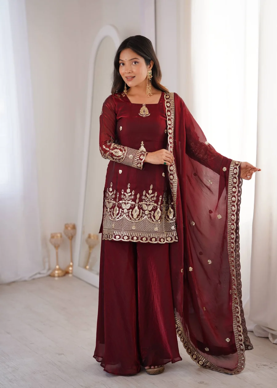 TRENDING FENDY SILK EMBROIDERY SEQUENCE WORK TOP PALAZZO WITH DUPATTA WEDDING WEAR WHOLESALE PRICE ETHNIC GARMENT (13)