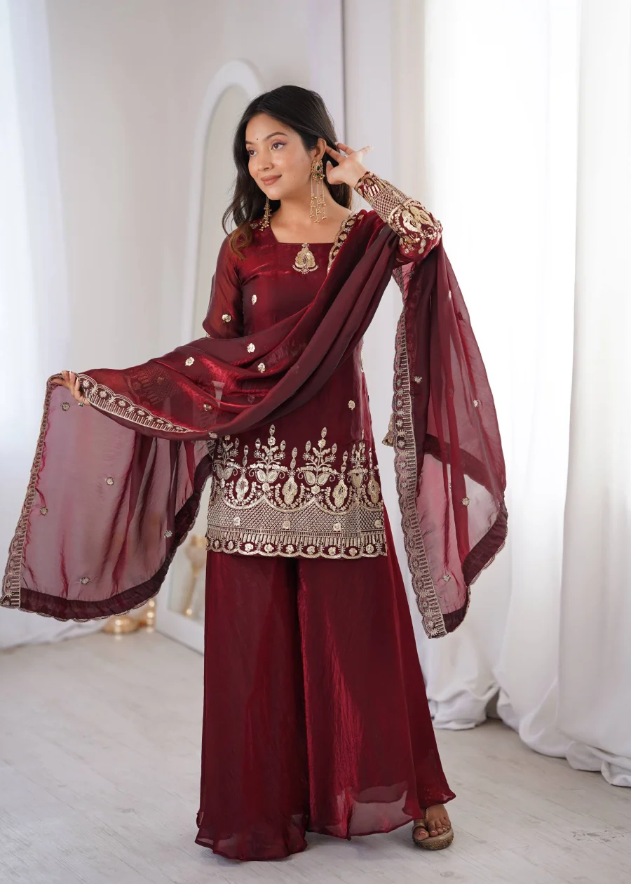 TRENDING FENDY SILK EMBROIDERY SEQUENCE WORK TOP PALAZZO WITH DUPATTA WEDDING WEAR WHOLESALE PRICE ETHNIC GARMENT (3)