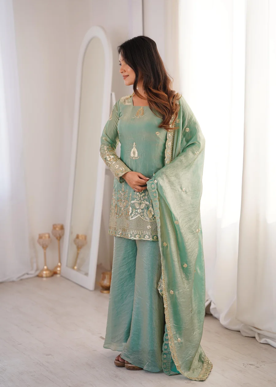 TRENDING FENDY SILK EMBROIDERY SEQUENCE WORK TOP PALAZZO WITH DUPATTA WEDDING WEAR WHOLESALE PRICE ETHNIC GARMENT (5)