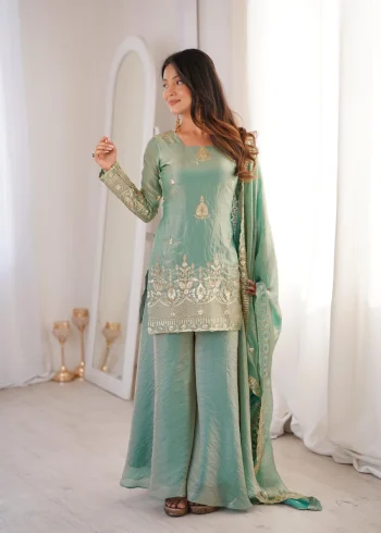 TRENDING FENDY SILK EMBROIDERY SEQUENCE WORK TOP PALAZZO WITH DUPATTA RAMA