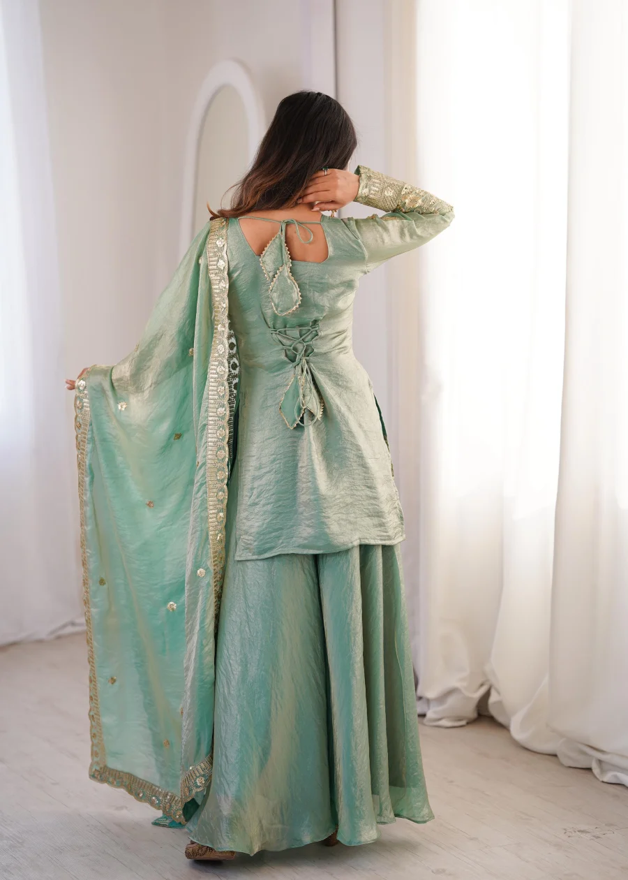 TRENDING FENDY SILK EMBROIDERY SEQUENCE WORK TOP PALAZZO WITH DUPATTA WEDDING WEAR WHOLESALE PRICE ETHNIC GARMENT (9)