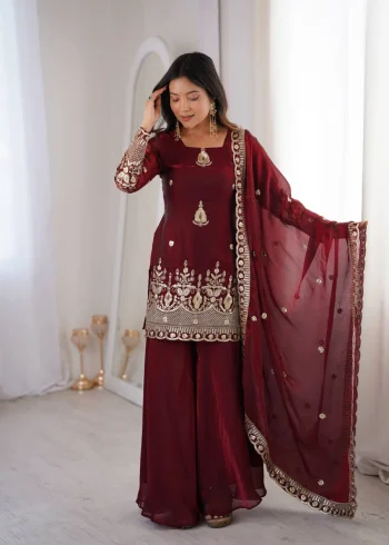 TRENDING FENDY SILK EMBROIDERY SEQUENCE WORK TOP PALAZZO WITH DUPATTA MAROON