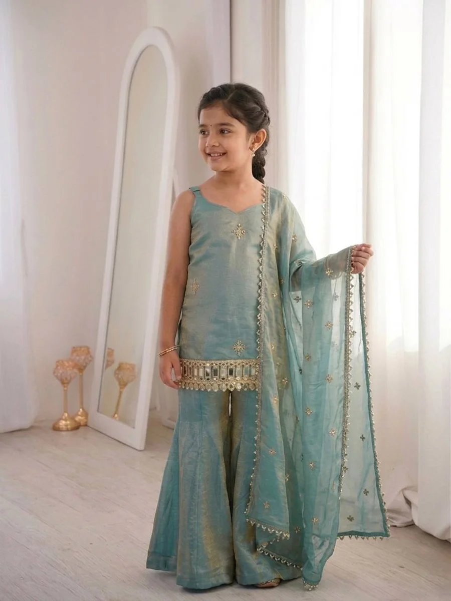 TRENDING FENDY SILK EMBROIDERY SEQUENCE WORK WITH REAL MIRROR WORK KID'S TOP SHARARA WITH DUPATTA WEDDING WEAR WHOLESALE PRICE ETHNIC GARMENT (1)