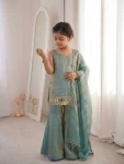 TRENDING FENDY SILK EMBROIDERY SEQUENCE WORK WITH REAL MIRROR WORK KID’S TOP SHARARA WITH DUPATTA WEDDING WEAR WHOLESALE PRICE ETHNIC GARMENT (11)