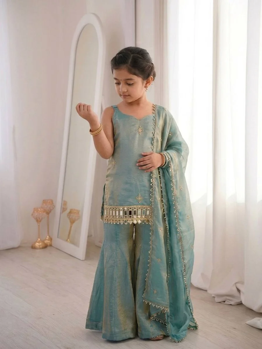 TRENDING FENDY SILK EMBROIDERY SEQUENCE WORK WITH REAL MIRROR WORK KID'S TOP SHARARA WITH DUPATTA WEDDING WEAR WHOLESALE PRICE ETHNIC GARMENT (2)