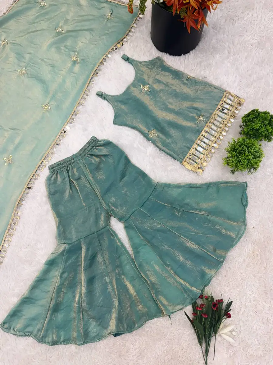 TRENDING FENDY SILK EMBROIDERY SEQUENCE WORK WITH REAL MIRROR WORK KID'S TOP SHARARA WITH DUPATTA WEDDING WEAR WHOLESALE PRICE ETHNIC GARMENT (8)