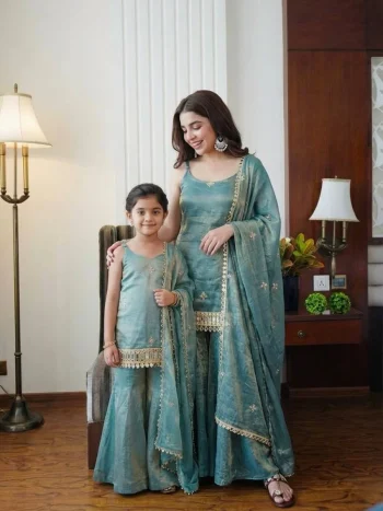 TRENDING FENDY SILK EMBROIDERY SEQUENCE WORK WITH REAL MIRROR WORK MOTHER DAUGHTER SET RAMA