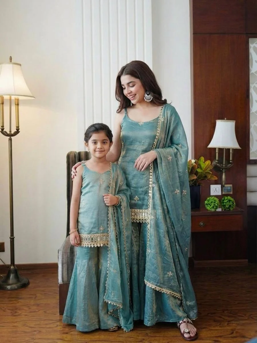 TRENDING FENDY SILK EMBROIDERY SEQUENCE WORK WITH REAL MIRROR WORK MOTHER DAUGHTER SET WEDDING WEAR WHOLESALE PRICE ETHNIC GARMENT