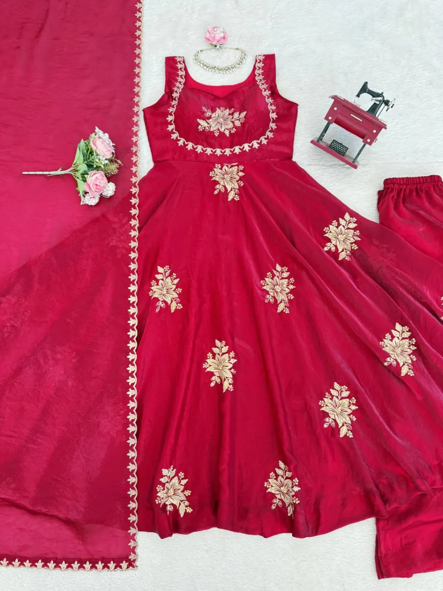 TRENDING FENDY SILK THREAD AND SEQUENCE WORK GOWN PALAZZO WITH DUPATTA WEDDING WEAR WHOLESALE PRICE ETHNIC GARMENT (19)