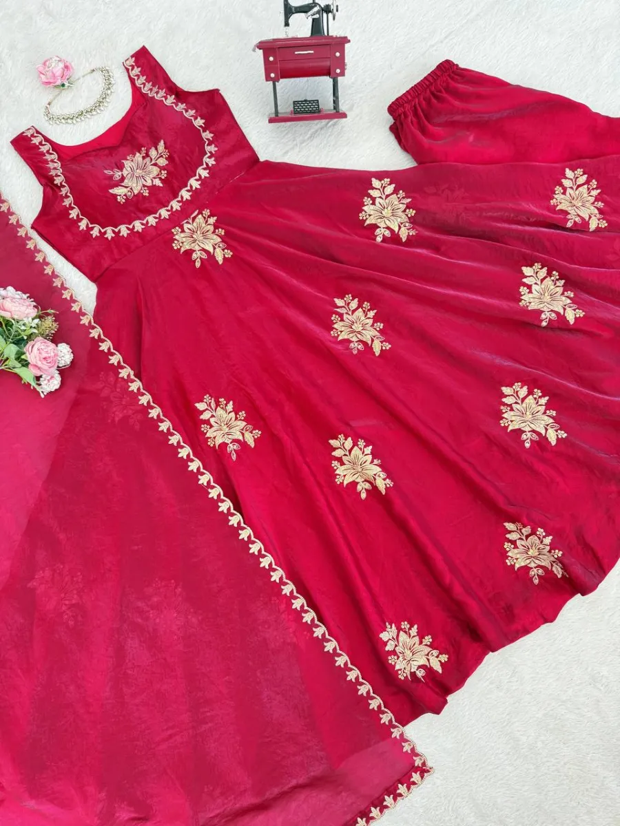TRENDING FENDY SILK THREAD AND SEQUENCE WORK GOWN PALAZZO WITH DUPATTA WEDDING WEAR WHOLESALE PRICE ETHNIC GARMENT (21)