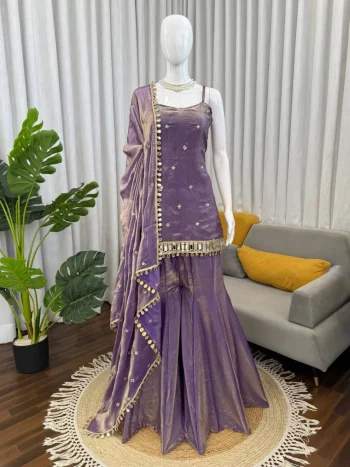 TRENDING FENDY SILK THREAD WITH SEQUENCE WITH REAL MIRROR WITH READYMADE LACE BORDER WORK TOP PALAZZO WITH DUPATTA PURPLE