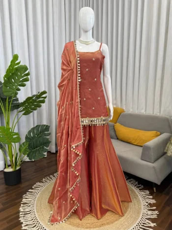 TRENDING FENDY SILK THREAD WITH SEQUENCE WITH REAL MIRROR WITH READYMADE LACE BORDER WORK TOP PALAZZO WITH DUPATTA PEACH