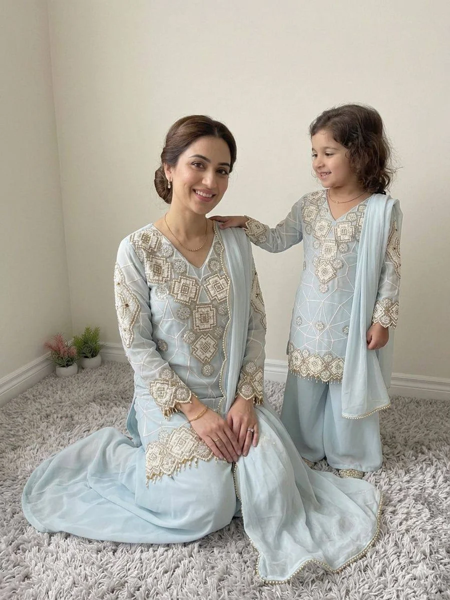 TRENDING GEORGETTE SEQUENCE EMBROIDERY WORK MOTHER DAUGHTER SET FESTIVE WEAR WHOLESALE PRICE ETHNIC GARMENT (3)