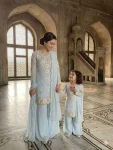 TRENDING GEORGETTE SEQUENCE EMBROIDERY WORK MOTHER DAUGHTER SET SKY