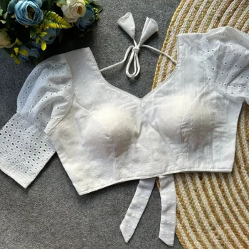 TRENDING HAKOBA COTTON  FANCY WORK STITCHED BLOUSE WHITE