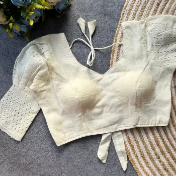 TRENDING HAKOBA COTTON  FANCY WORK STITCHED BLOUSE OFF WHITE