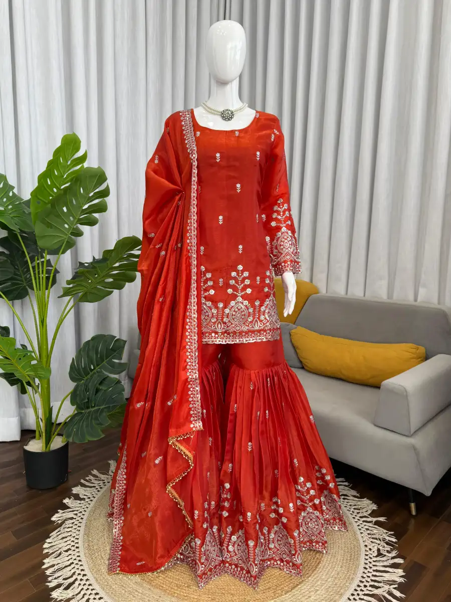 TRENDING JMC SILK THREAD WITH SEQUENCE WORK TOP SHARARA WITH DUPATTA WEDDING WEAR WHOLESALE PRICE ETHNIC GARMENT (14)