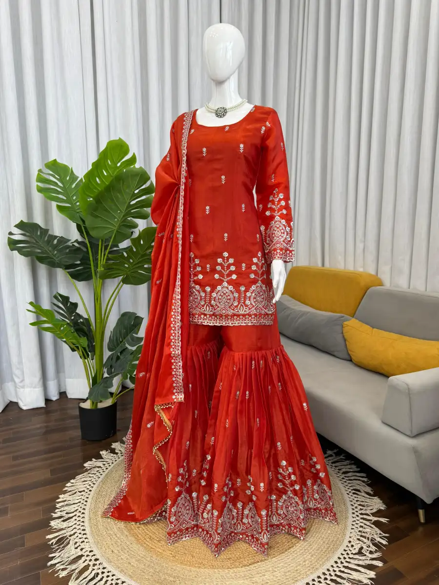 TRENDING JMC SILK THREAD WITH SEQUENCE WORK TOP SHARARA WITH DUPATTA WEDDING WEAR WHOLESALE PRICE ETHNIC GARMENT (16)