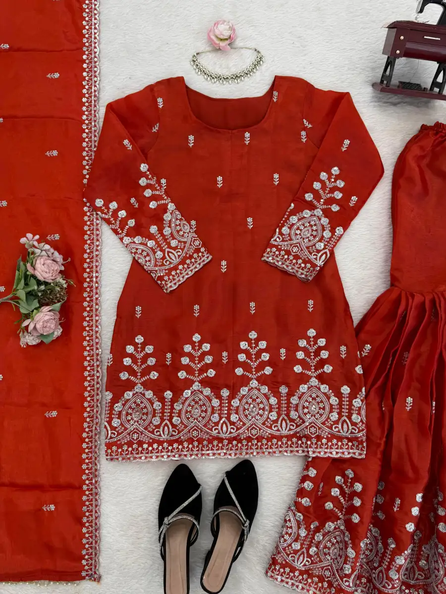 TRENDING JMC SILK THREAD WITH SEQUENCE WORK TOP SHARARA WITH DUPATTA WEDDING WEAR WHOLESALE PRICE ETHNIC GARMENT (17)