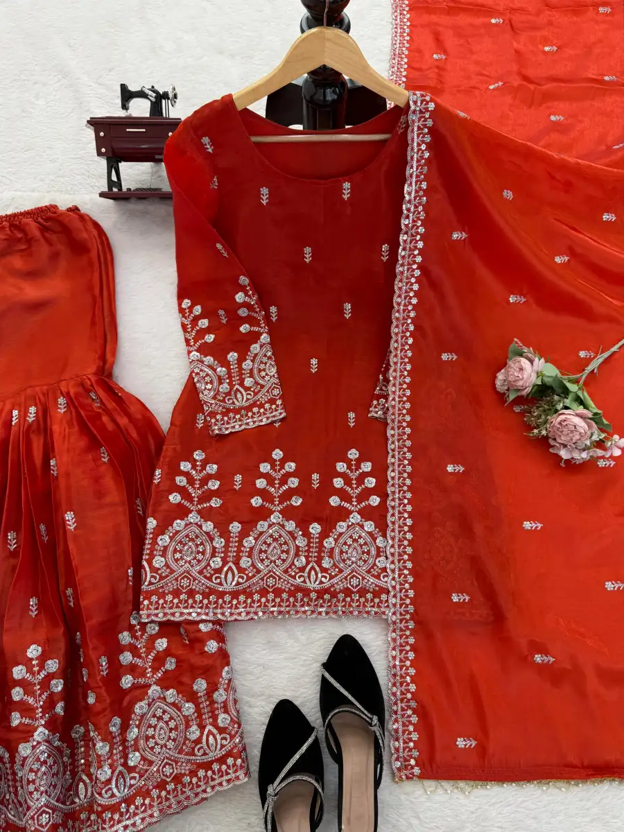 TRENDING JMC SILK THREAD WITH SEQUENCE WORK TOP SHARARA WITH DUPATTA WEDDING WEAR WHOLESALE PRICE ETHNIC GARMENT (18)