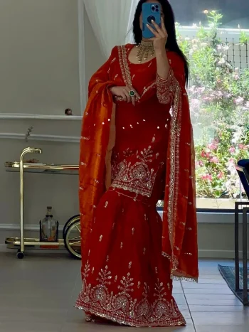 TRENDING JMC SILK THREAD WITH SEQUENCE WORK TOP SHARARA WITH DUPATTA ORANGE
