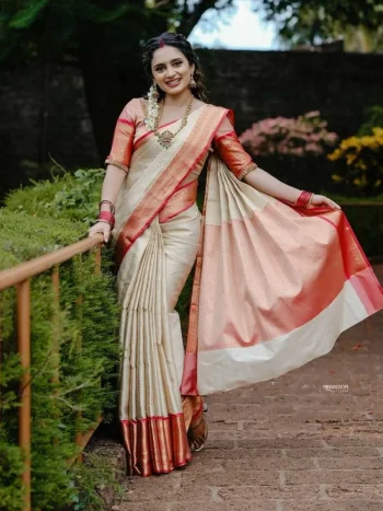 TRENDING LICHI SILK JACQUARD WORK SAREE WITH UNSTITCHED BLOUSE RED AND CREAM