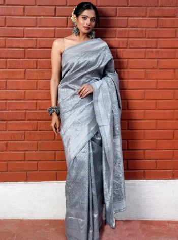TRENDING LICHI SILK RICH PALLU & JACQUARD WORK SAREE WITH UNSTITCHED BLOUSE GREY
