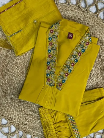 TRENDING MANGO SILK EMBROIDERY SEQUENCE & HAND WORK TOP BOTTOM WITH DUPATTA LEMON