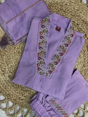 TRENDING MANGO SILK EMBROIDERY SEQUENCE & HAND WORK TOP BOTTOM WITH DUPATTA LAVENDER