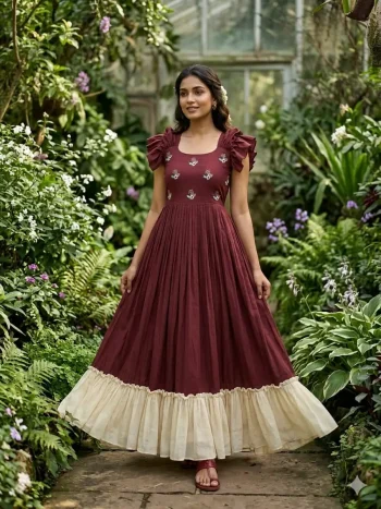 TRENDING MUL COTTON MAGGAM WORK ONE PIECE DRESS BROWN