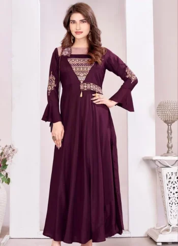 TRENDING MUSLIN EMBROIDERY WOEK GOWN WINE