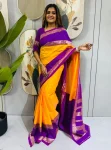 TRENDING MYSORE SILK JACQUARD WORK GOWN SAREE FESTIVE PURPLE AND YELLOW