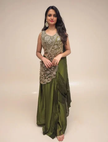 TRENDING RANGOLI SILK EMBROIDERY THREAD & SEMI BEADS WORK READY TO WEAR SAREE WITH STITCHED BLOUSE MEHNDI