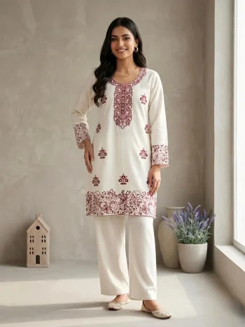 TRENDING RAYON COTTON EMBROIDERY WORK TOP PALAZZO SET WHITE AND RED