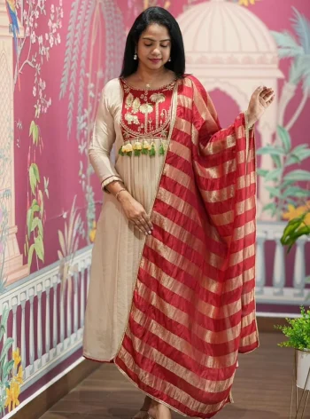 TRENDING ROMAN EMBROIDERY WORK TOP BOTTOM WITH DUPATTA RED AND CREAM
