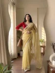 TRENDING SHIMMER CREPE JARKAN STONE WORK BORDER AND ALL OVER DIAMOND WORK SAREE WITH UNSTITCHED BLOUSE YELLOW