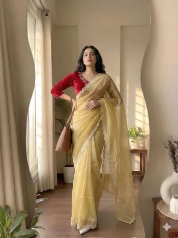 TRENDING SHIMMER CREPE JARKAN STONE WORK BORDER AND ALL OVER DIAMOND WORK SAREE WITH UNSTITCHED BLOUSE YELLOW