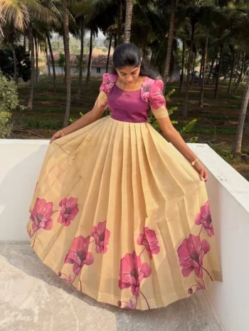 TRENDING SOFT SILK FLORAL PRINTED WORK GOWN CREAM AND PINK