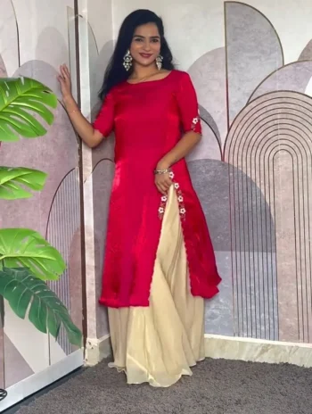 TRENDING SPACE SILK HANDWORK & MAGGAM WORK KURTI PALAZZO SET RED