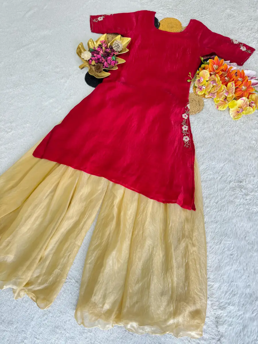 TRENDING SPACE SILK HANDWORK & MAGGAM WORK KURTI PALAZZO SET FESTIVE WEAR WHOLESALE PRICE ETHNIC GARMENT (7)