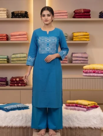 TRENDING TESLA SILK EMBROIDERY WORK CO-ORD SET BLUE