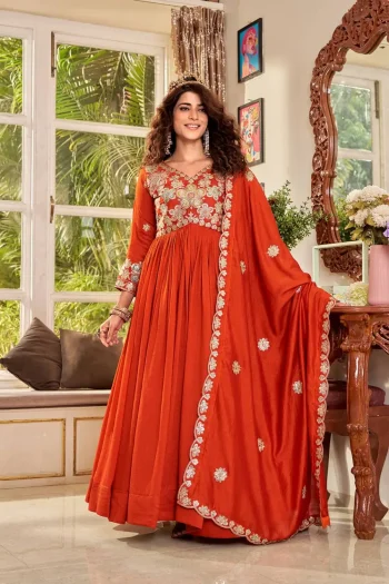 TRENDING VICHITRA CODING SEQUENCE EMBROIDERY WORK GOWN WITH DUPATTA ORANGE