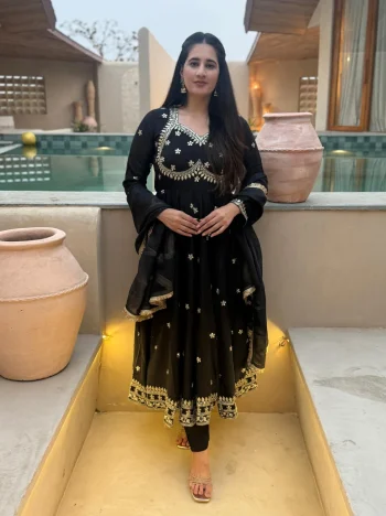 TRENDING VICHITRA SILK SEQUENCE AND EMBROIDERY WORK GOWN BOTTOM WITH DUPATTA BLACK