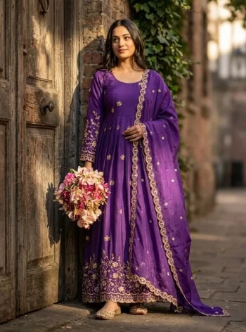 DESIGNER VICHITRA SILK EMBROIDERY 5 MM SEQUENCE WORK GOWN BOTTOM WITH DUPATTA PURPLE