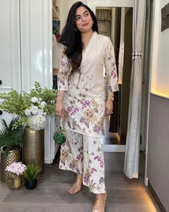 LATEST LINEN COTTON EMBROIDERY SEQUENCE NECK WORK CO-ORD SET PURPLE AND WHITE