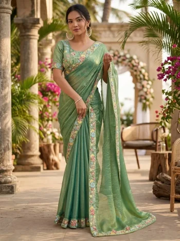 DESIGNER FENDY CHIFFON BEADS EMBROIDERY WORK LACE BORDER WORK SAREE WITH UNSTITCHED BLOUSE GREEN