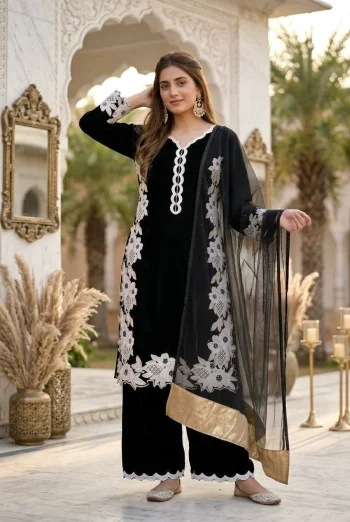 DESIGNER NATURAL SILK EMBROIDRY WORK WITH HEAVY PERAL MOTI HAND WORK TOP PALAZZO WITH DUPATTA BLACK