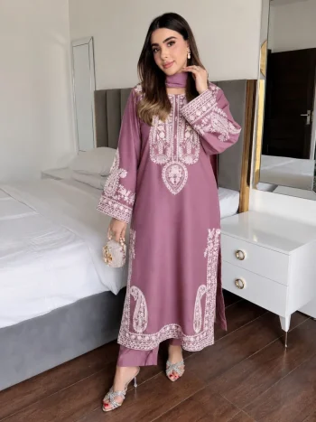 MODERN CHINON SILK THREAD EMBROIDERY WORK TOP PALAZZO WITH DUPATTA ONION
