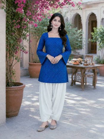 MODERN COTTON BANDHEJ PRINT WORK TOP PATIYALA SET BLUE