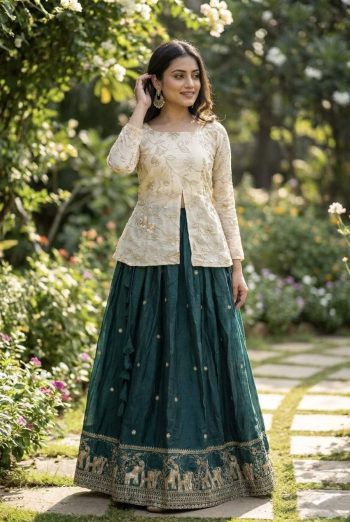 MODERN FENDY SILK PIPE & ZARI EMBROIDERED WORK LEHENGA CHOLI SET GREEN